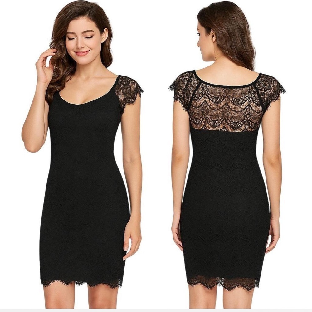 Free People black body con dress midi cap sleeve pullover lace overlay high low